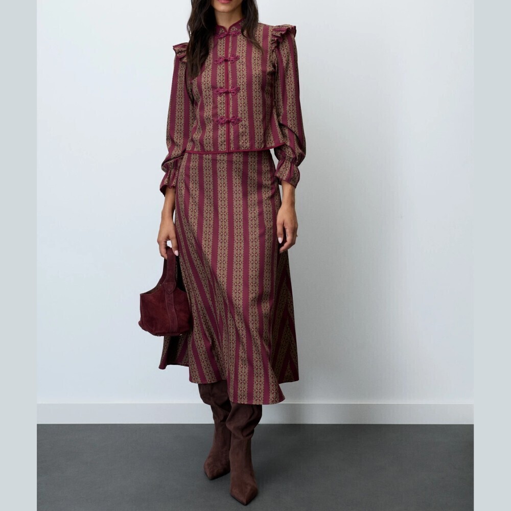 Burgundy Striped Frog Closure Stand Collar Long Sleeve Top And Midi Skirt Set